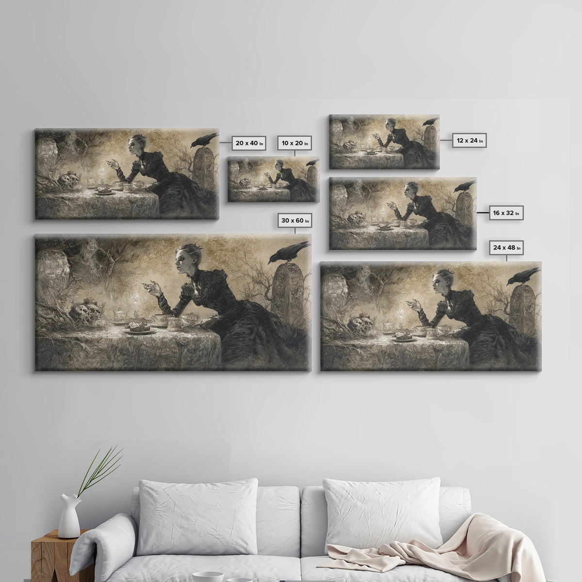 The Zombie Picnic, Symbolist Dream Art, Wide Panoramic Art, Macabre Wall Art, Framed Canvas Print, Halloween Wall Art