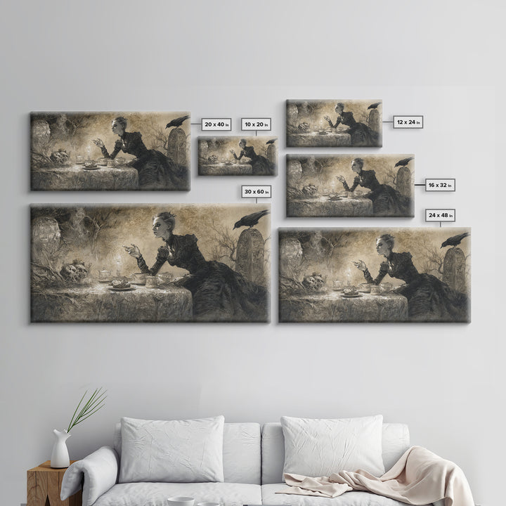The Zombie Picnic, Symbolist Dream Art, Wide Panoramic Art, Macabre Wall Art, Framed Canvas Print, Halloween Wall Art