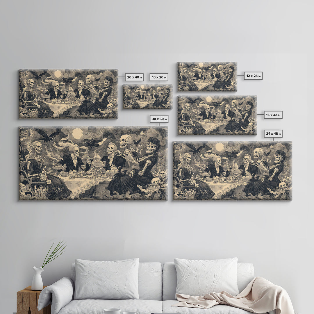 The Zombie Picnic, Macabre Folk Print Art, Wide Panoramic Art, Macabre Wall Art, Framed Canvas Print, Halloween Wall Art