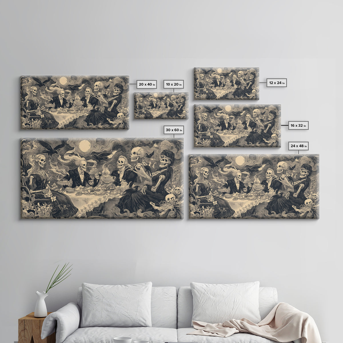The Zombie Picnic, Macabre Folk Print Art, Wide Panoramic Art, Macabre Wall Art, Framed Canvas Print, Halloween Wall Art
