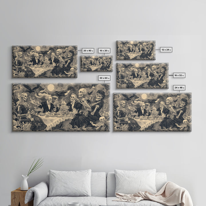 The Zombie Picnic, Macabre Folk Print Art, Wide Panoramic Art, Macabre Wall Art, Framed Canvas Print, Halloween Wall Art