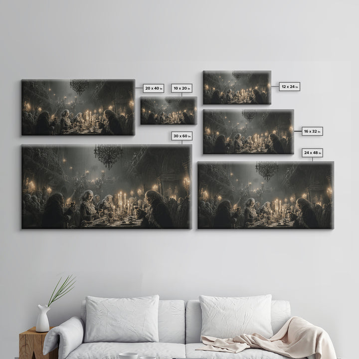 The Vampire Banquet, Architectural Etching Art, Wide Panoramic Art, Gothic Horror Wall Art, Canvas Print, Halloween Wall Art