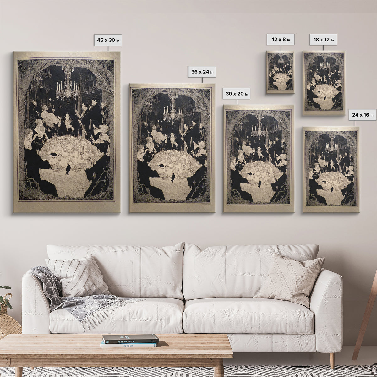 The Vampire Banquet, Decadent Line Art, Vertical Wall Art, Gothic Horror Wall Art, Framed Canvas Print, Halloween Wall Art