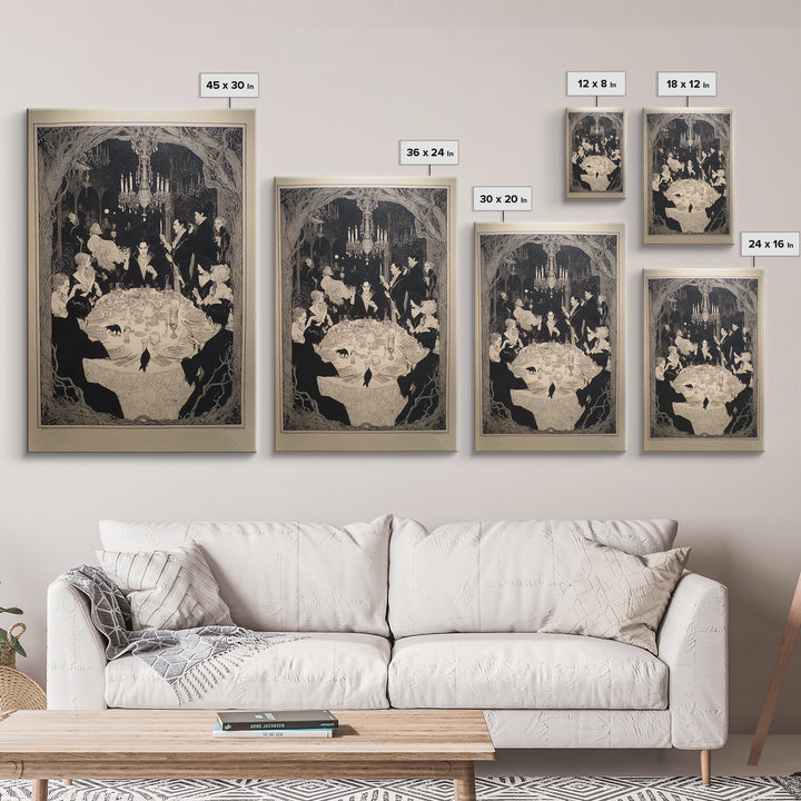 The Vampire Banquet, Decadent Line Art, Vertical Wall Art, Gothic Horror Wall Art, Framed Canvas Print, Halloween Wall Art