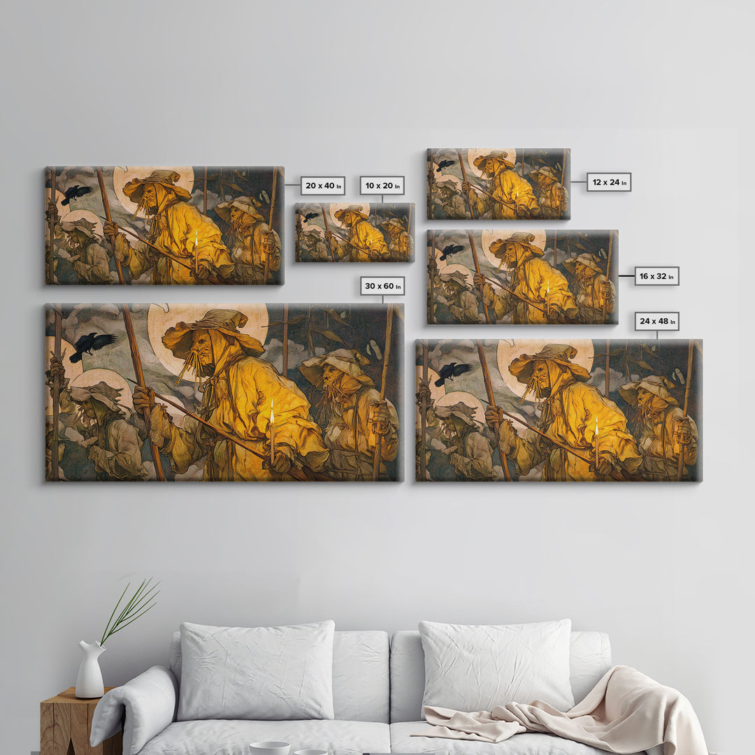 The Scarecrow Uprising, Dark Renaissance Art, Wide Panoramic Art, Dark Halloween Decor, Framed Canvas Print, Halloween Wall Art