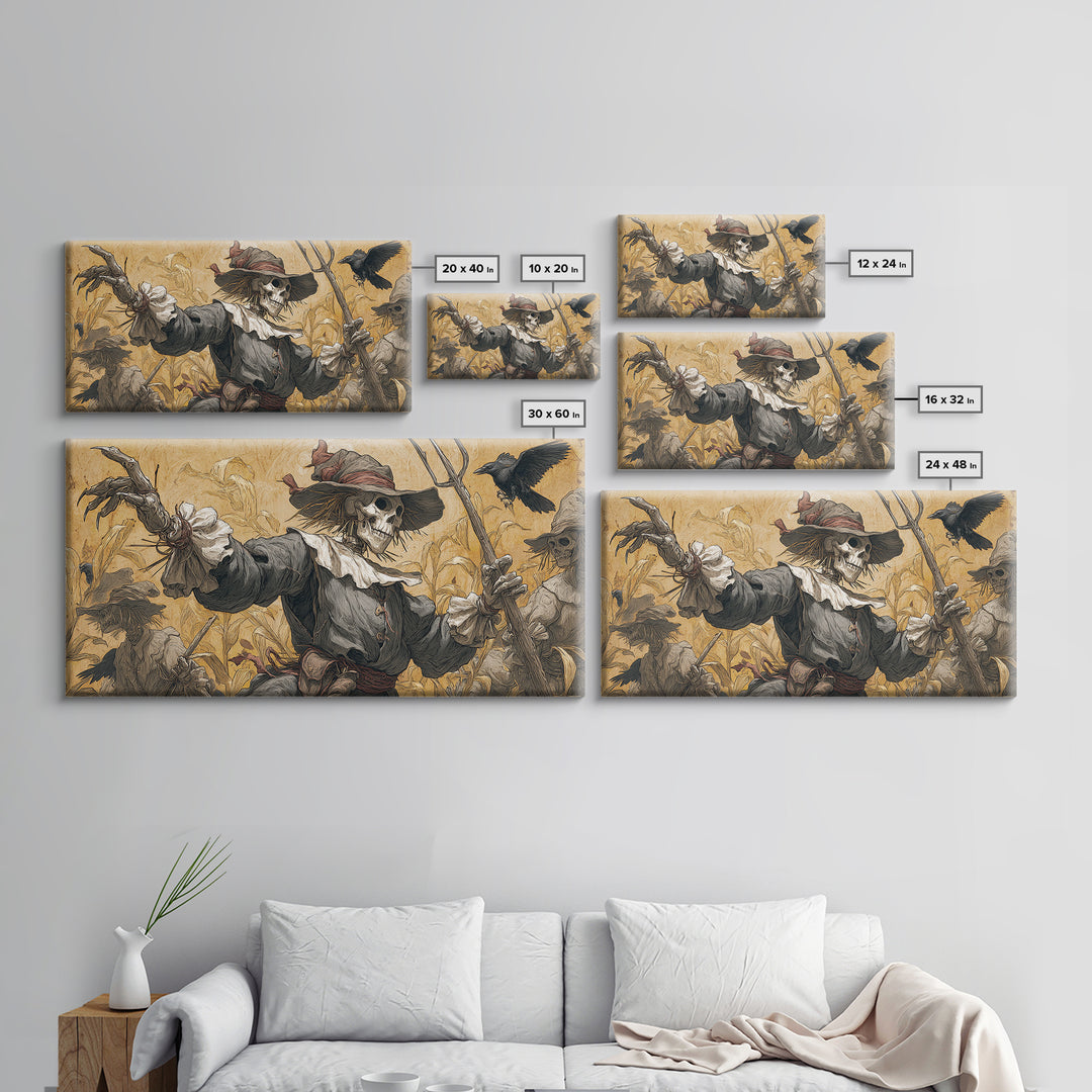 The Scarecrow Uprising, Danse Macabre Art, Wide Panoramic Art, Macabre Wall Art, Framed Canvas Print, Halloween Wall Art