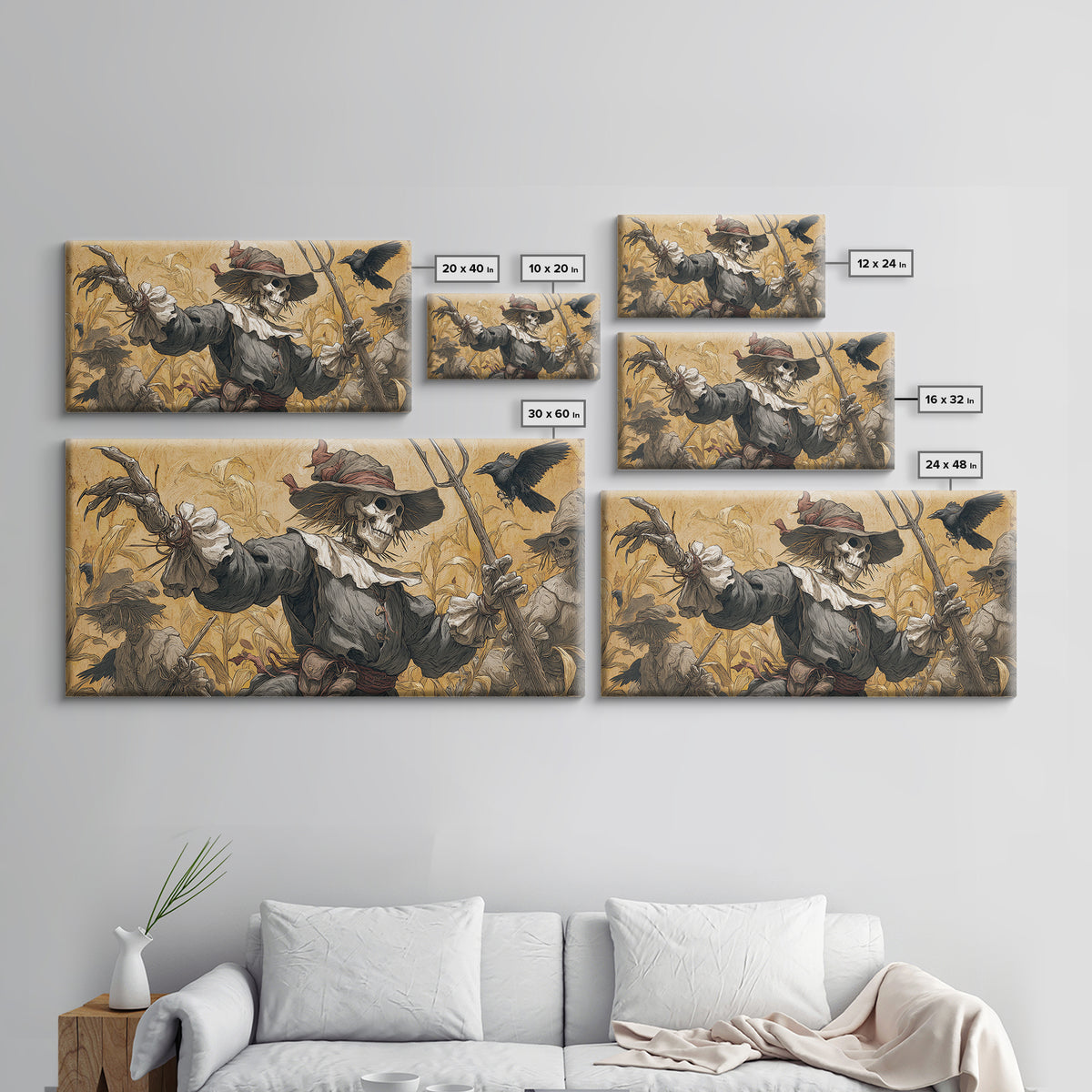 The Scarecrow Uprising, Danse Macabre Art, Wide Panoramic Art, Macabre Wall Art, Framed Canvas Print, Halloween Wall Art
