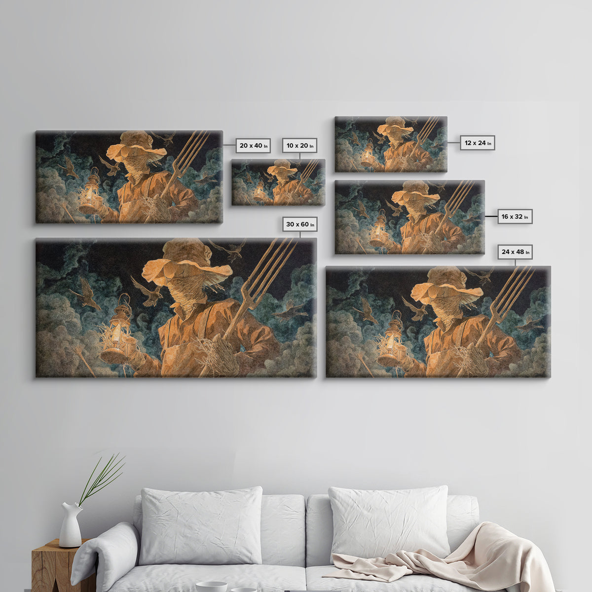 The Scarecrow Uprising, Visionary Gothic Art, Wide Panoramic Art, Dark Halloween Decor, Canvas Print, Halloween Wall Art