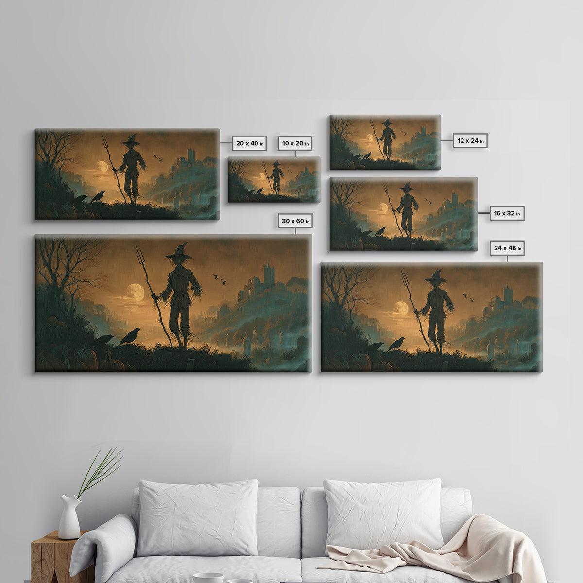 The Scarecrow Uprising, Romantic Gothic Landscape, Wide Panoramic Art, Macabre Wall Art, Canvas Print, Halloween Wall Art