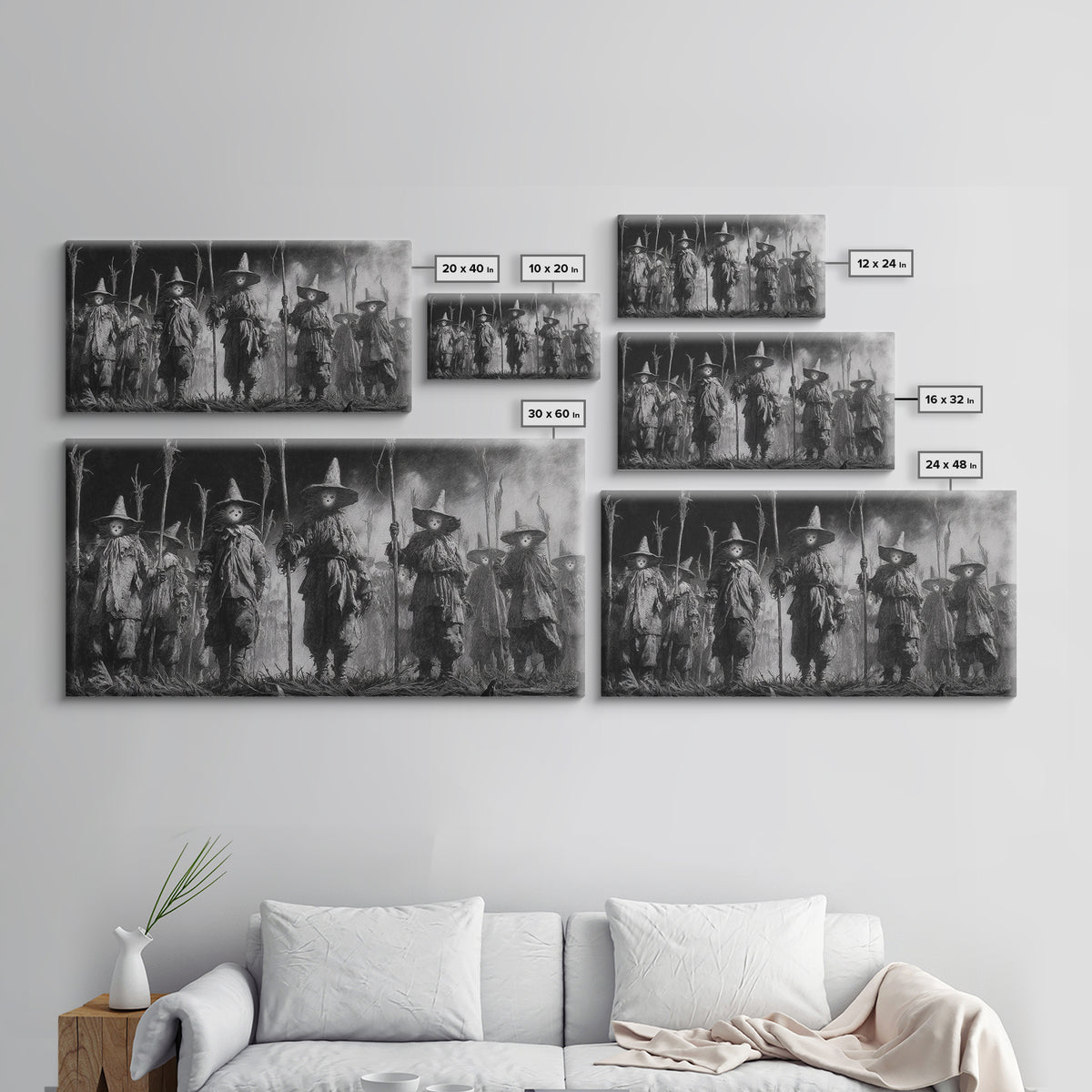 The Scarecrow Uprising, Symbolist Dream Art, Wide Panoramic Art, Dark Fantasy Wall Art, Framed Canvas Print, Halloween Wall Art