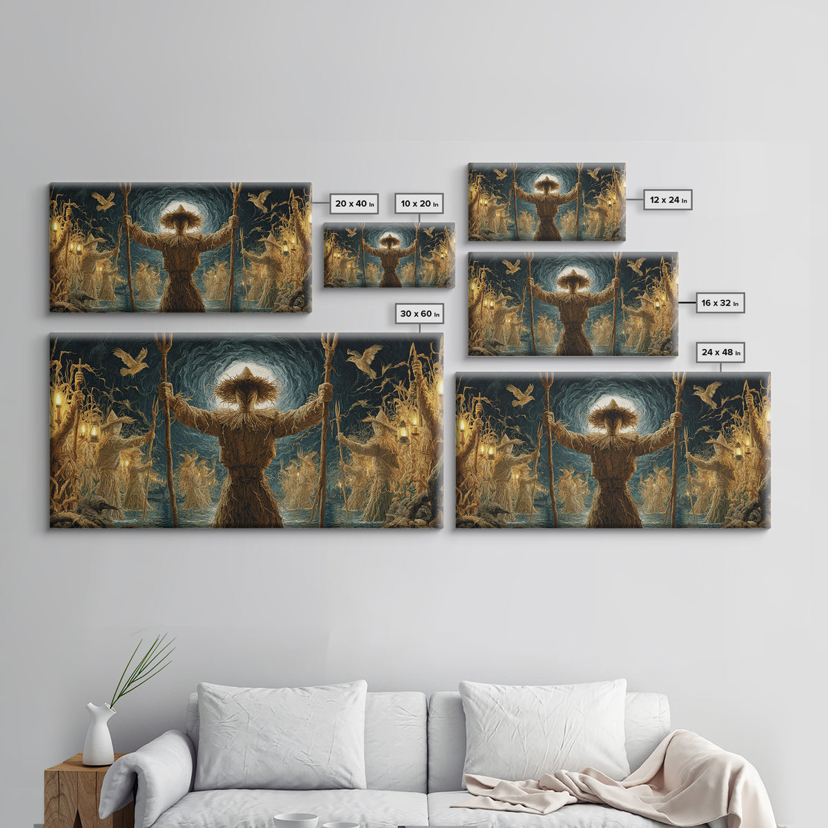 The Scarecrow Uprising, Symbolist Gothic Landscape, Wide Panoramic Art, Macabre Wall Art, Framed Canvas Print, Halloween Wall Art