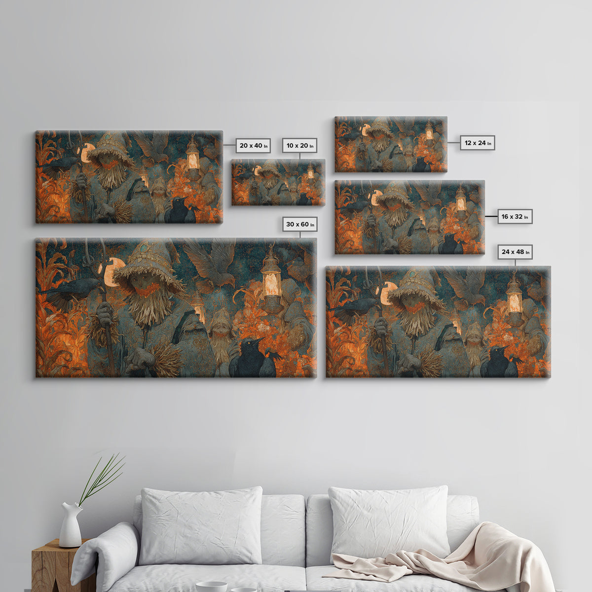 The Scarecrow Uprising, Ornate Symbolist Art, Wide Panoramic Art, Gothic Horror Wall Art, Framed Canvas Print, Halloween Wall Art