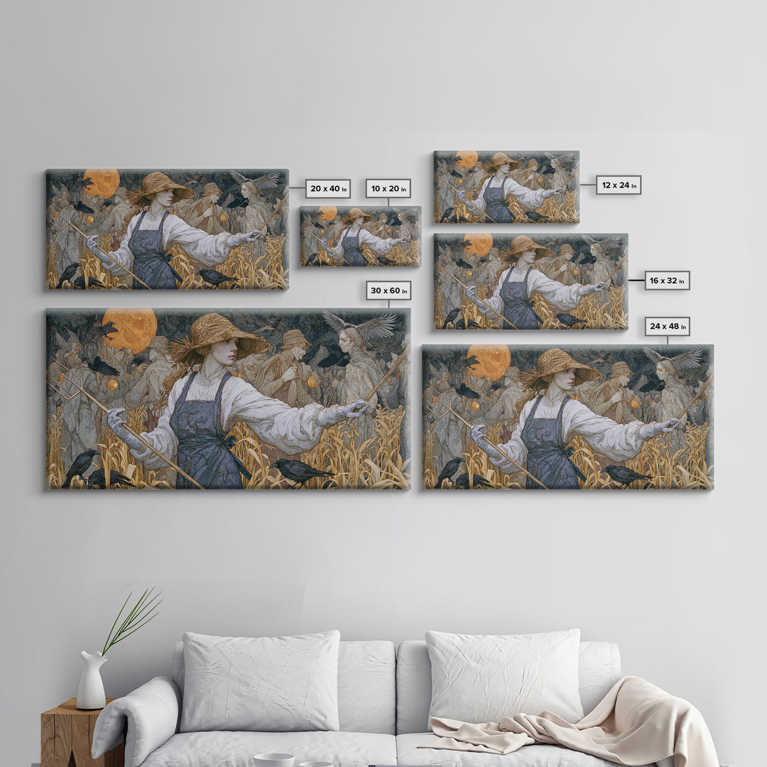 The Scarecrow Uprising, Symbolist Death Art, Wide Panoramic Art, Macabre Wall Art, Framed Canvas Print, Halloween Wall Art