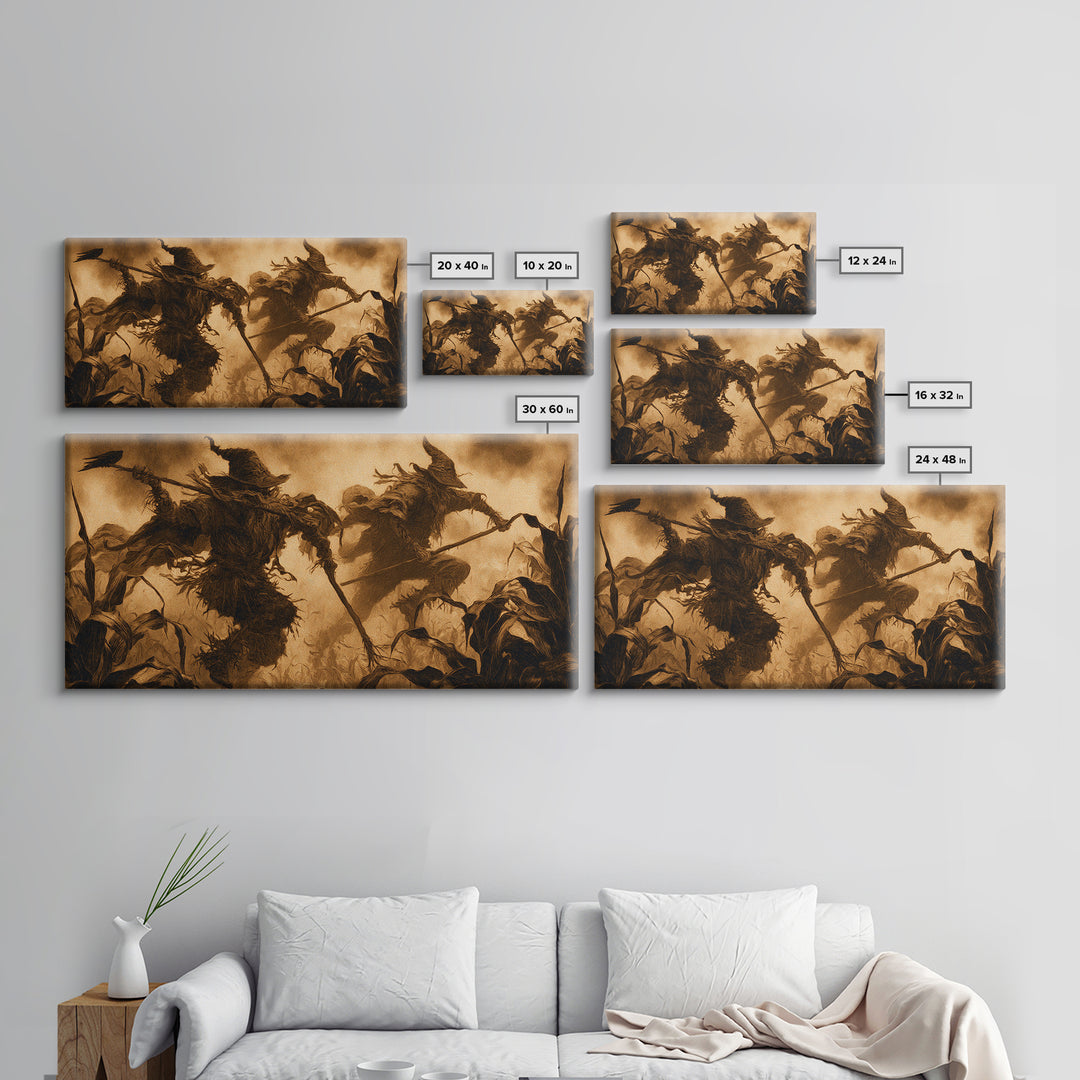 The Scarecrow Uprising, Dark Symbolist Art, Wide Panoramic Art, Macabre Wall Art, Framed Canvas Print, Halloween Wall Art