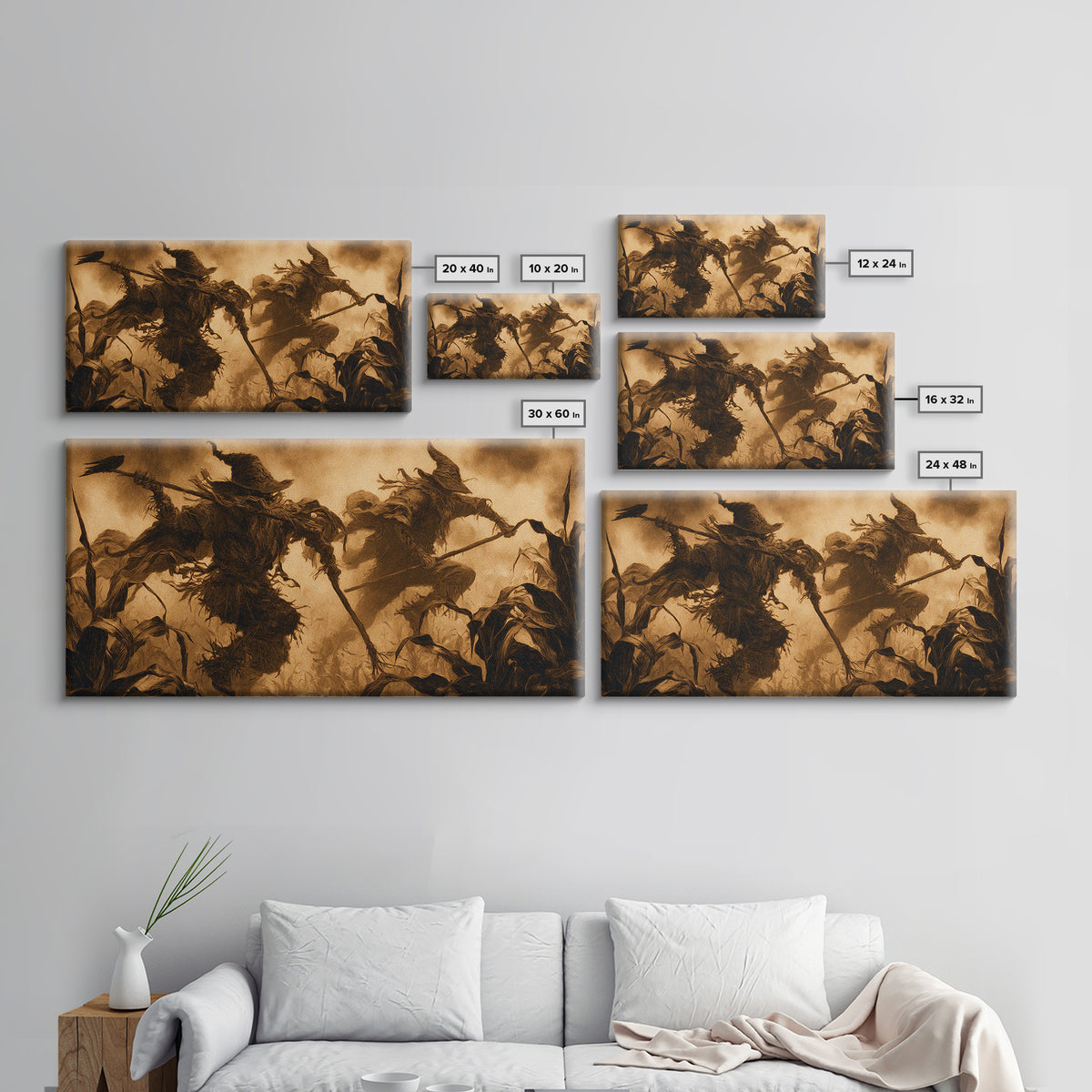 The Scarecrow Uprising, Dark Symbolist Art, Wide Panoramic Art, Macabre Wall Art, Framed Canvas Print, Halloween Wall Art