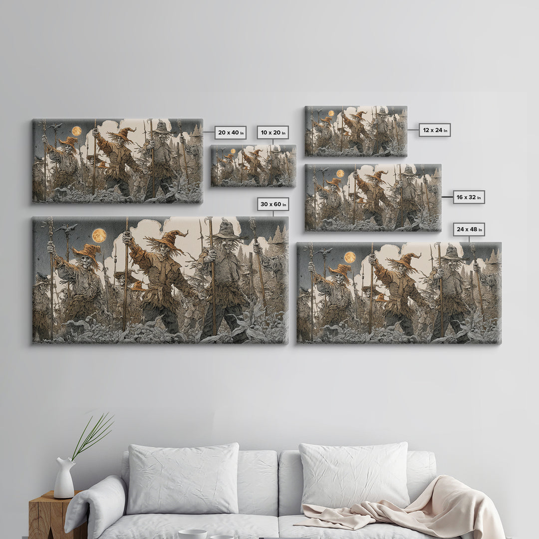 The Scarecrow Uprising, Symbolist Etching Art, Wide Panoramic Art, Macabre Wall Art, Canvas Print, Halloween Wall Art, Statement Wall Art
