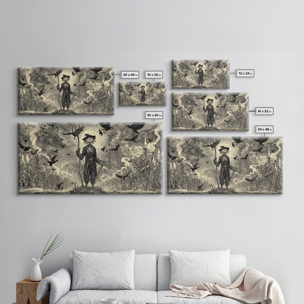 The Scarecrow Uprising, Expressionist Nightmare Art, Wide Panoramic Art, Dark Halloween Decor, Canvas Print, Halloween Wall Art