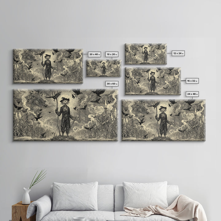 The Scarecrow Uprising, Expressionist Nightmare Art, Wide Panoramic Art, Dark Halloween Decor, Canvas Print, Halloween Wall Art