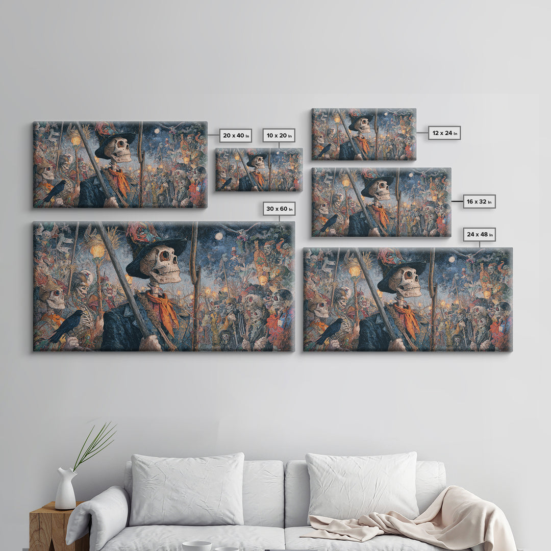 The Scarecrow Uprising, Grotesque Carnival Art, Wide Panoramic Art, Dark Halloween Decor, Framed Canvas Print, Halloween Wall Art