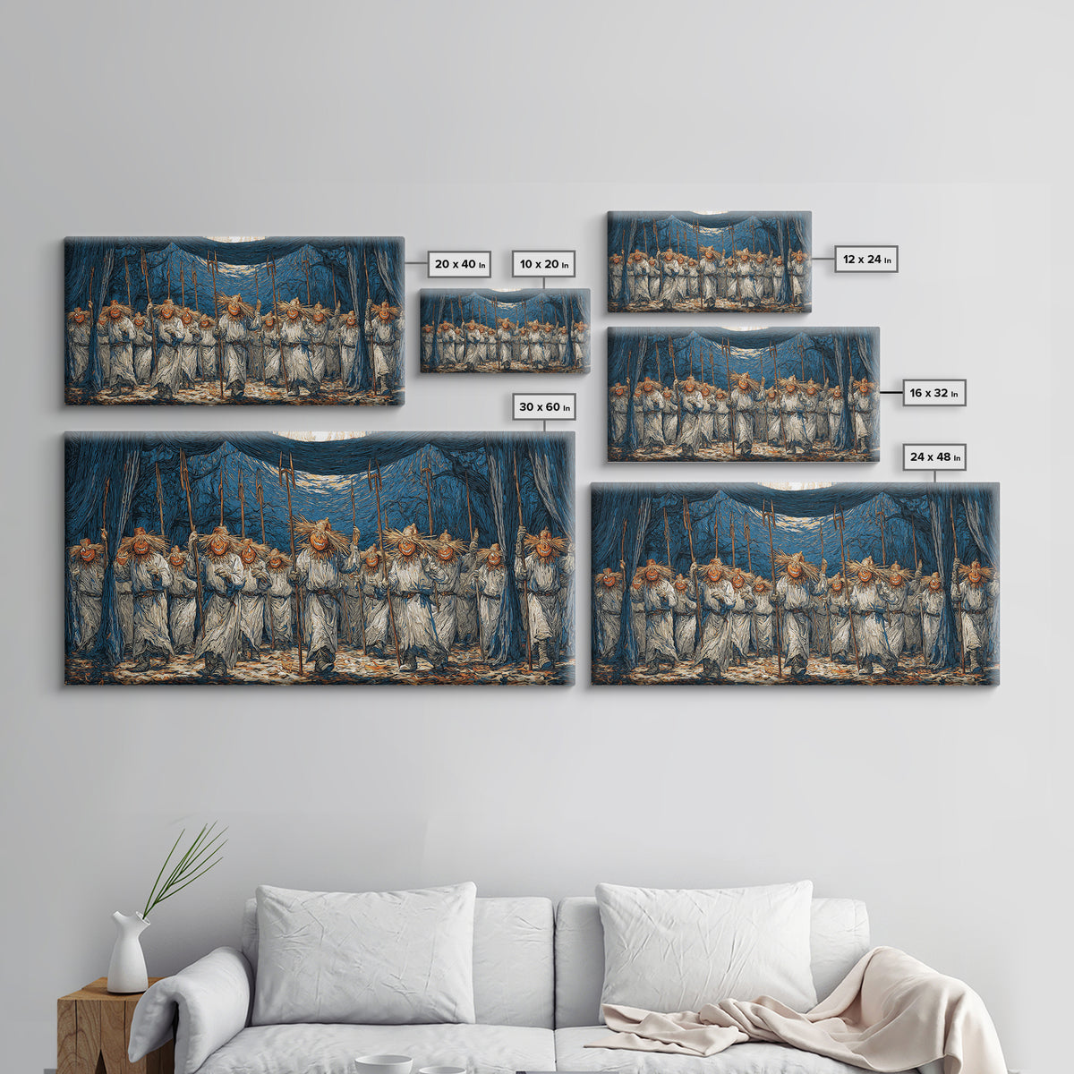 The Scarecrow Uprising, Expressionist Gothic Art, Wide Panoramic Art, Macabre Wall Art, Framed Canvas Print, Halloween Wall Art