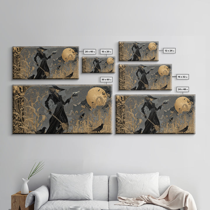 The Scarecrow Uprising, Decadent Line Art, Wide Panoramic Art, Dark Halloween Decor, Framed Canvas Print, Halloween Wall Art