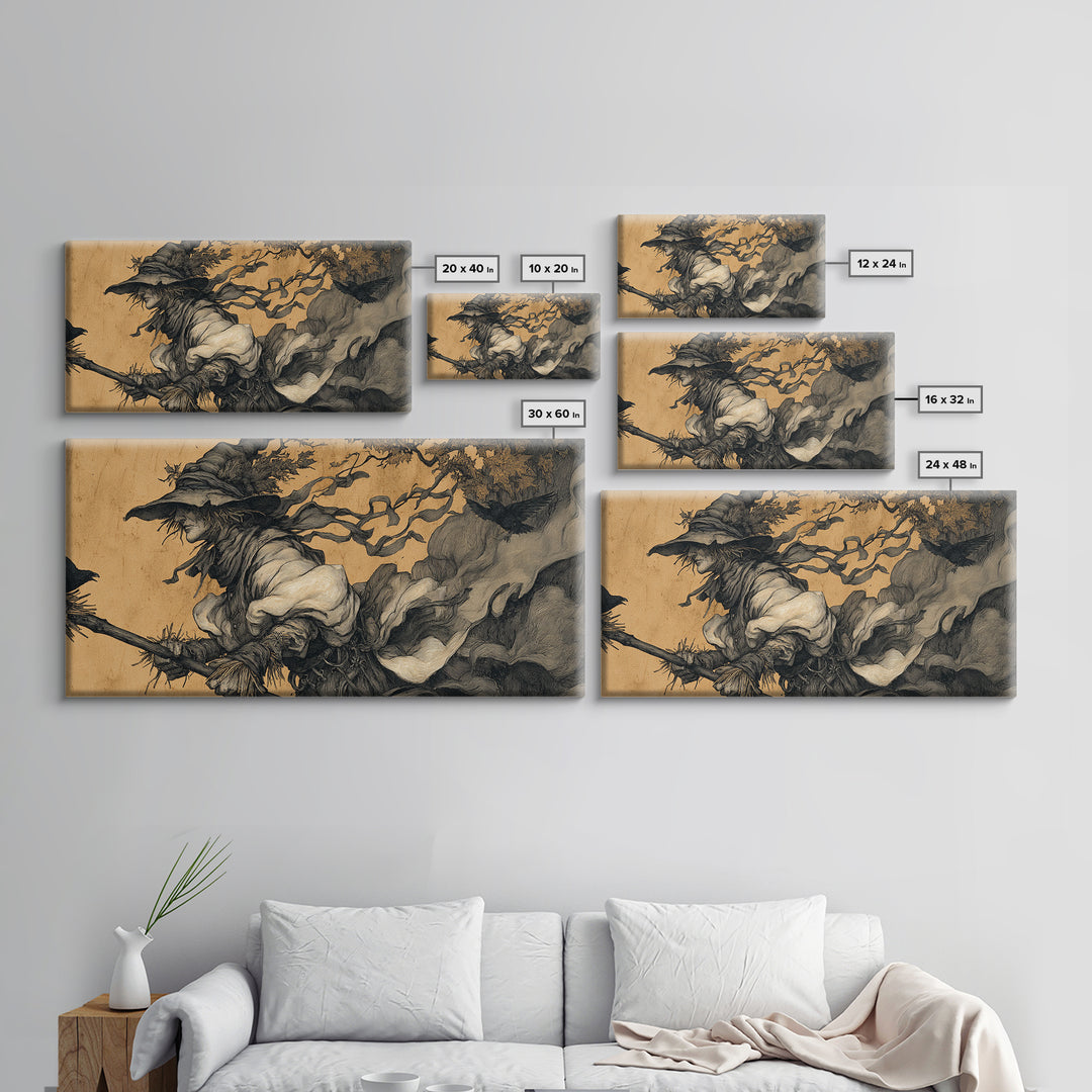 The Scarecrow Uprising, Gothic Storybook Art, Wide Panoramic Art, Dark Halloween Decor, Framed Canvas Print, Halloween Wall Art