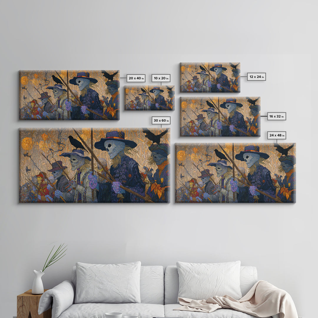 The Scarecrow Uprising, Stained Glass Gothic Art, Wide Panoramic Art, Dark Halloween Decor, Canvas Print, Halloween Wall Art