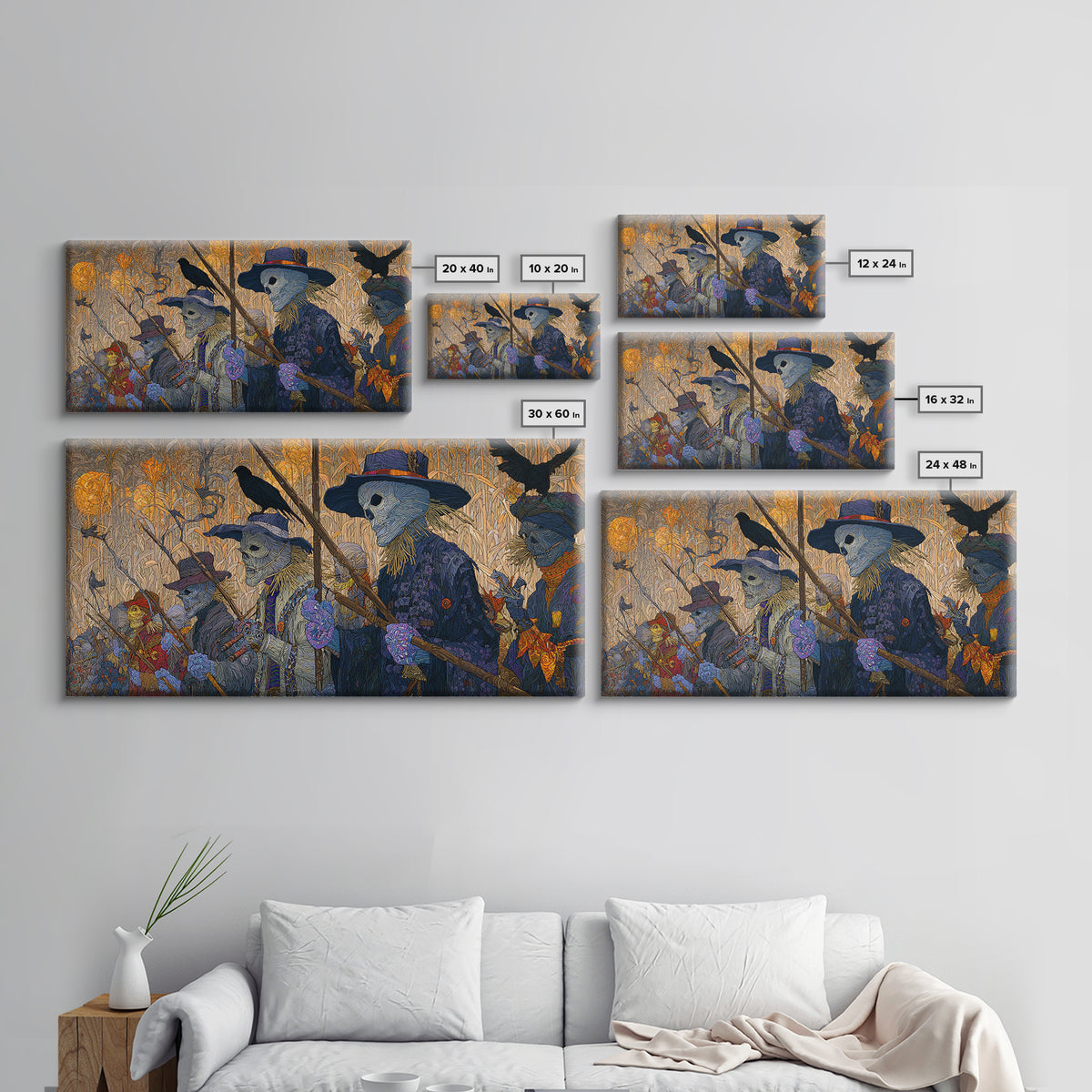 The Scarecrow Uprising, Stained Glass Gothic Art, Wide Panoramic Art, Dark Halloween Decor, Canvas Print, Halloween Wall Art