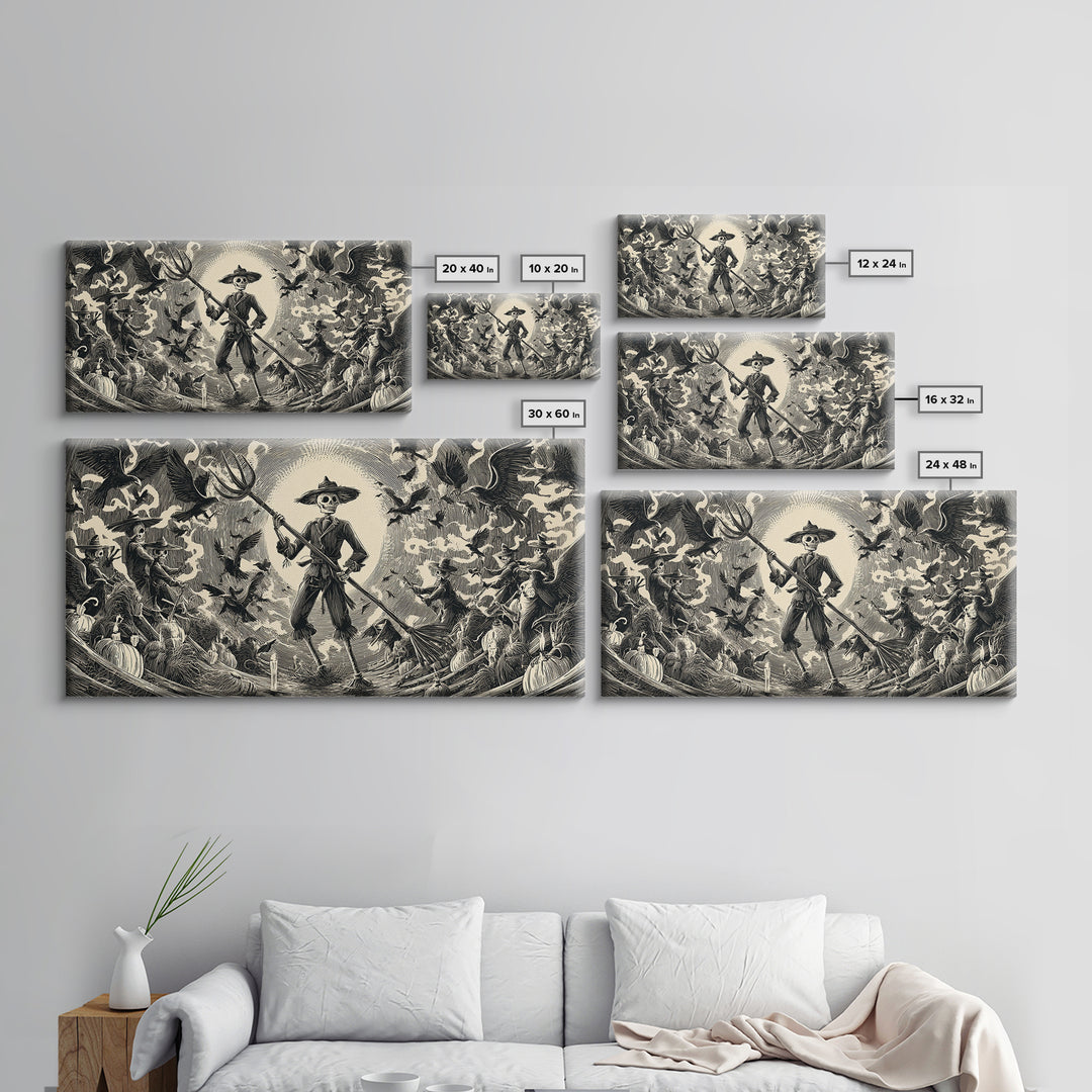 The Scarecrow Uprising, Macabre Folk Print Art, Wide Panoramic Art, Dark Fantasy Wall Art, Canvas Print, Halloween Wall Art