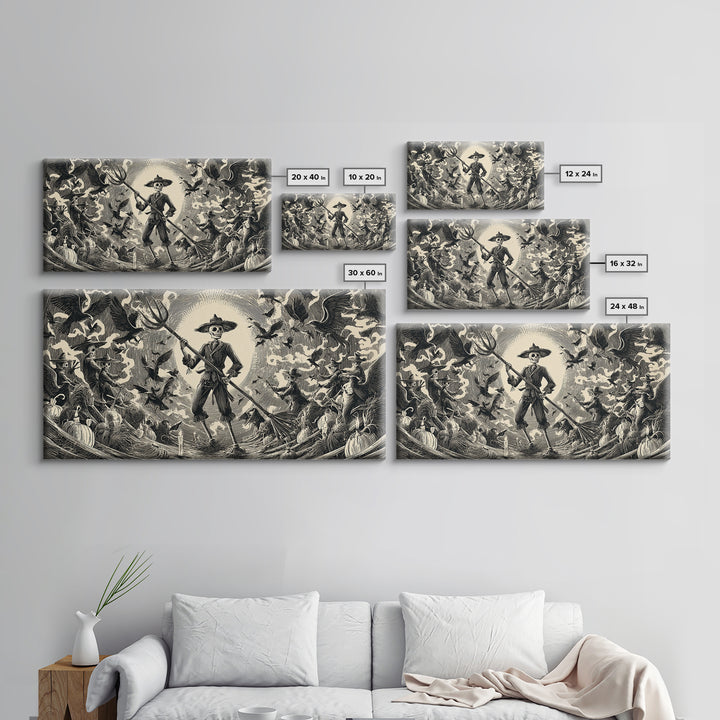 The Scarecrow Uprising, Macabre Folk Print Art, Wide Panoramic Art, Dark Fantasy Wall Art, Canvas Print, Halloween Wall Art