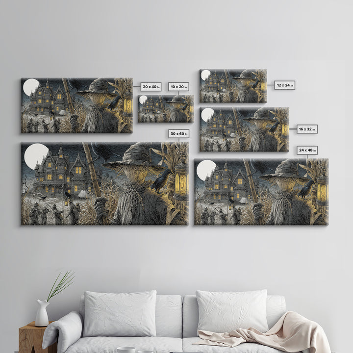 The Scarecrow Uprising, Victorian Macabre Art, Wide Panoramic Art, Macabre Wall Art, Framed Canvas Print, Halloween Wall Art