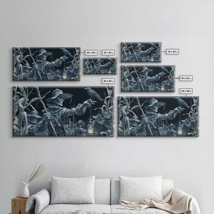 The Scarecrow Uprising, Biomechanical Horror Art, Wide Panoramic Art, Macabre Wall Art, Framed Canvas Print, Halloween Wall Art