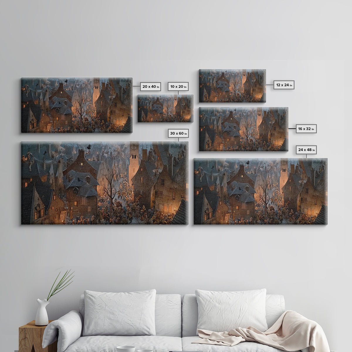 The Thirteenth Bell, Northern Renaissance Horror, Wide Panoramic Art, Dark Halloween Decor, Framed Canvas Print