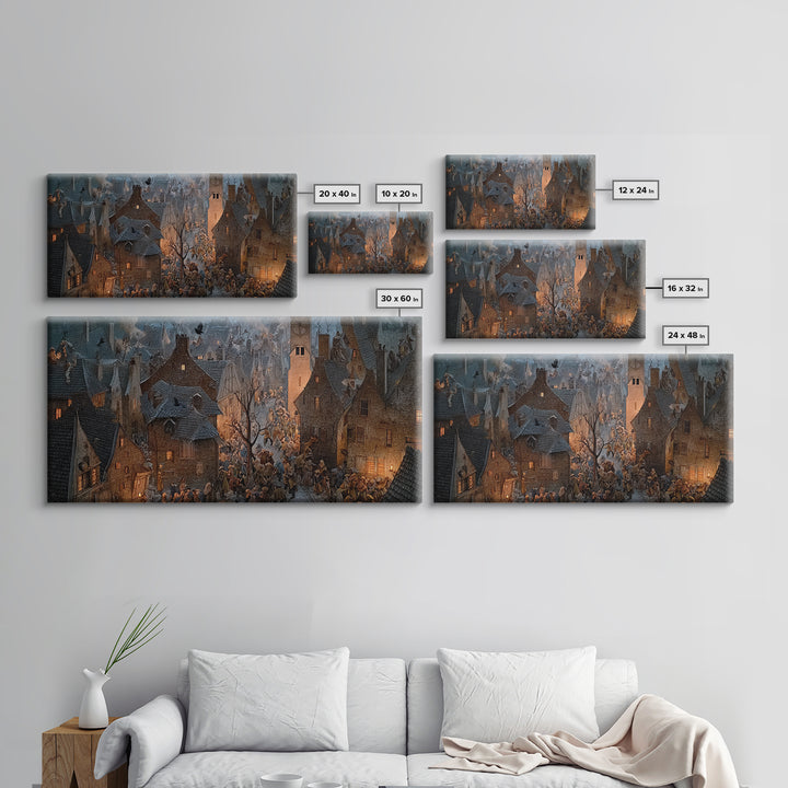 The Thirteenth Bell, Northern Renaissance Horror, Wide Panoramic Art, Dark Halloween Decor, Framed Canvas Print