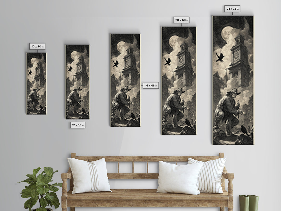 The Thirteenth Bell, Architectural Etching Art, Tall Narrow Wall Art, Gothic Horror Wall Art, Framed Canvas Print