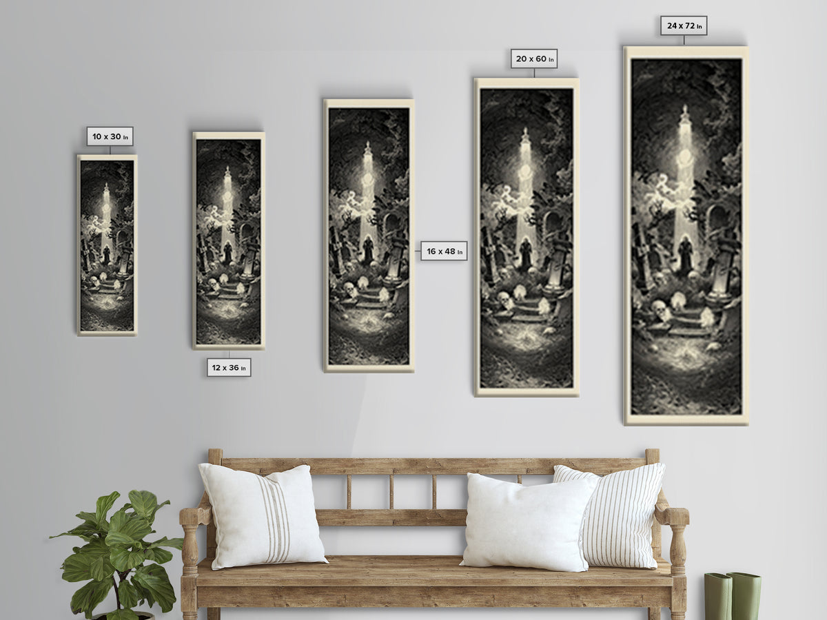 The Cemetery Lantern Festival, Gothic Engraving Art, Tall Narrow Wall Art, Gothic Horror Wall Art, Canvas Print, Halloween Wall Art