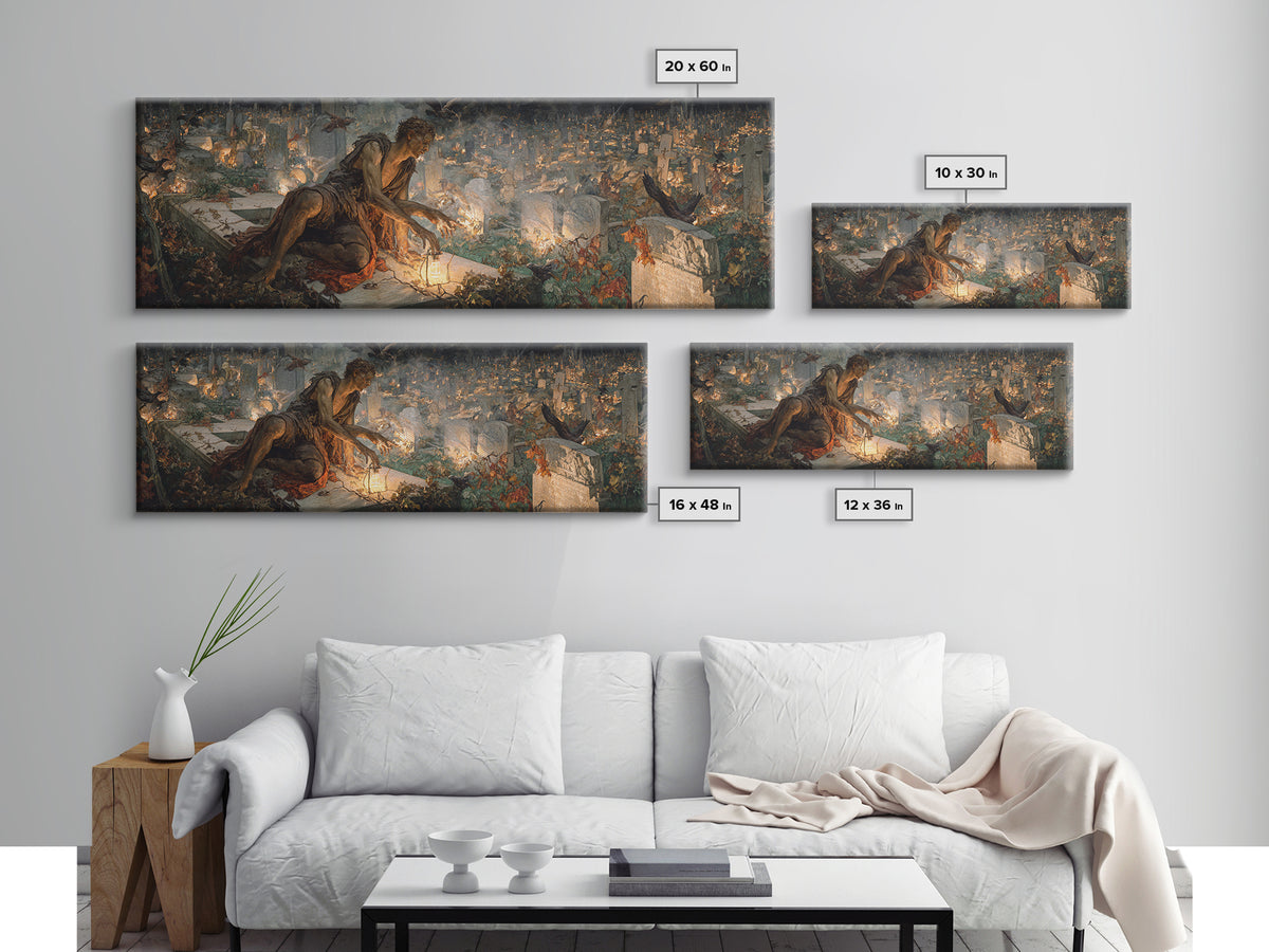 The Cemetery Lantern Festival, Dark Renaissance Art, Extra Wide Wall Art, Gothic Horror Wall Art, Canvas Print