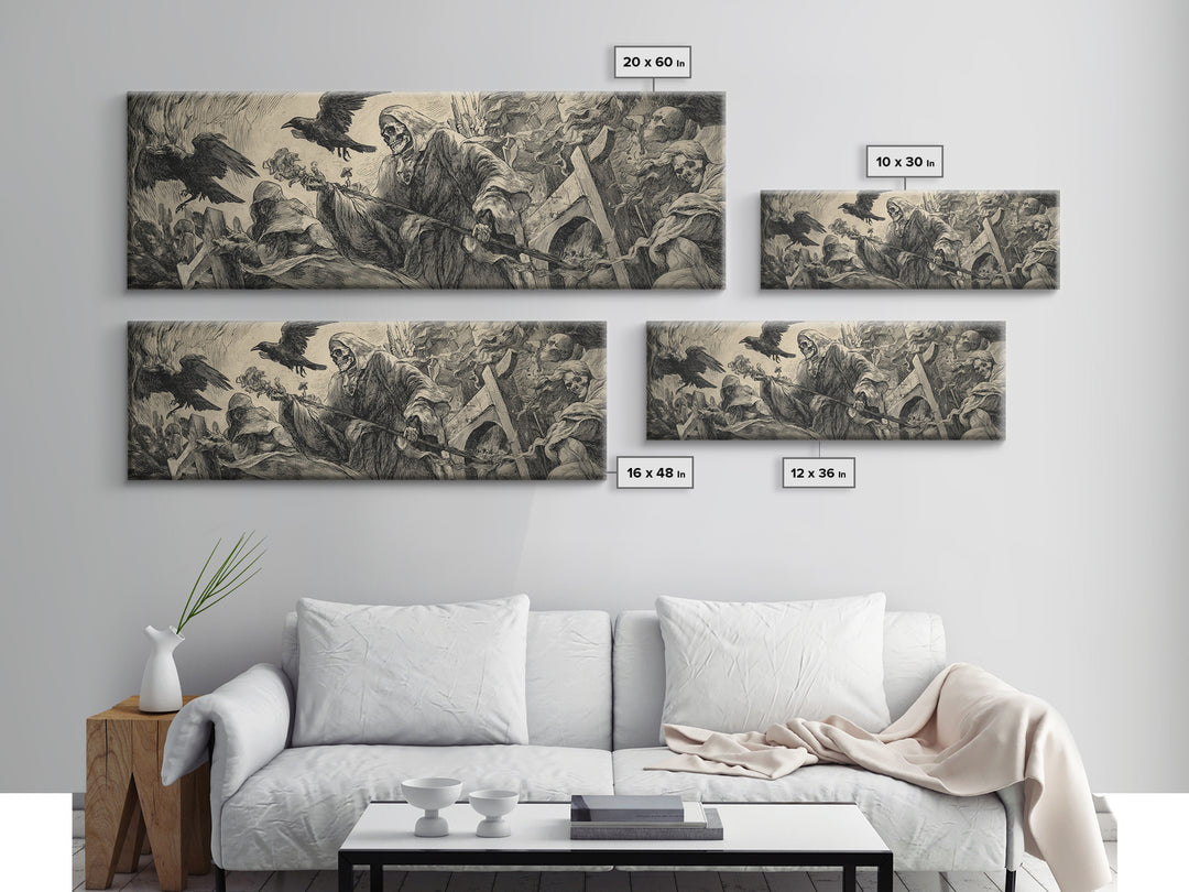 The Cemetery Lantern Festival, Renaissance Engraving Art, Extra Wide Wall Art, Macabre Wall Art, Canvas Print, Halloween Wall Art