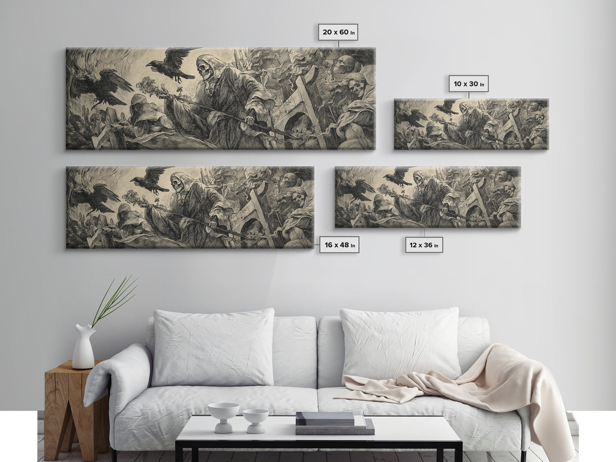 The Cemetery Lantern Festival, Renaissance Engraving Art, Extra Wide Wall Art, Macabre Wall Art, Canvas Print, Halloween Wall Art