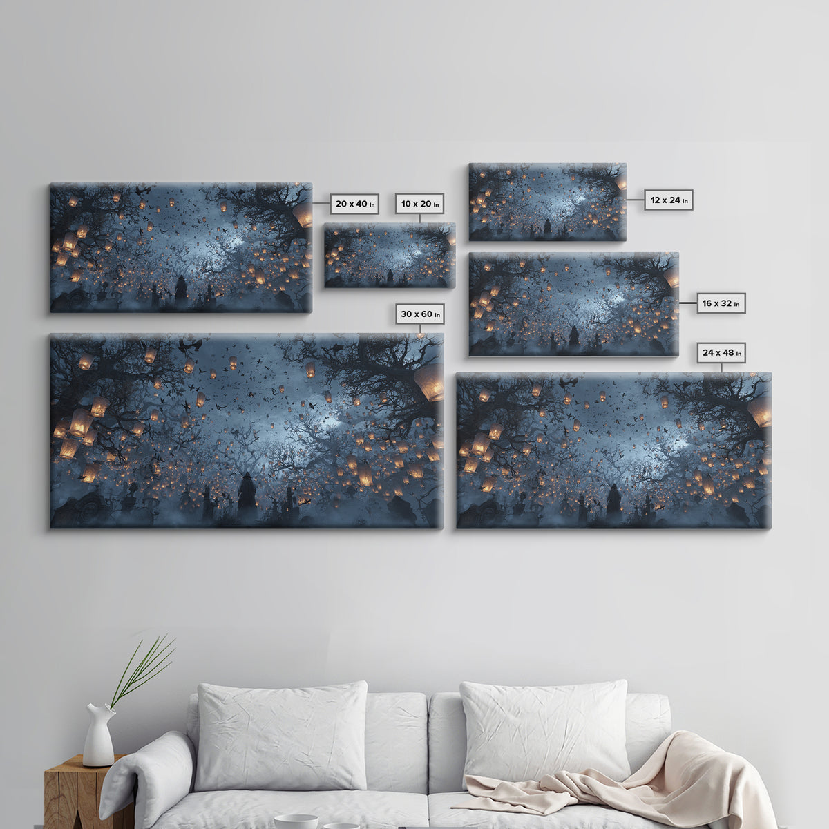 The Cemetery Lantern Festival, Baroque Witchcraft Art, Wide Panoramic Art, Macabre Wall Art, Framed Canvas Print, Halloween Wall Art