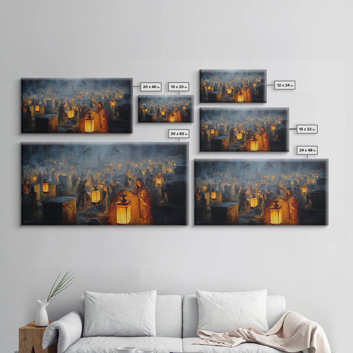 The Cemetery Lantern Festival, Dark Romantic Horror Art, Wide Panoramic Art, Gothic Horror Wall Art, Framed Canvas Print