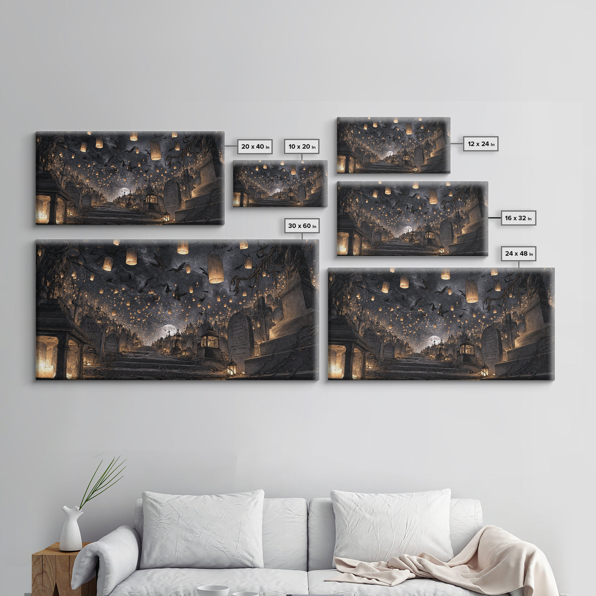 The Cemetery Lantern Festival, Architectural Etching Art, Wide Panoramic Art, Gothic Horror Wall Art, Framed Canvas Print