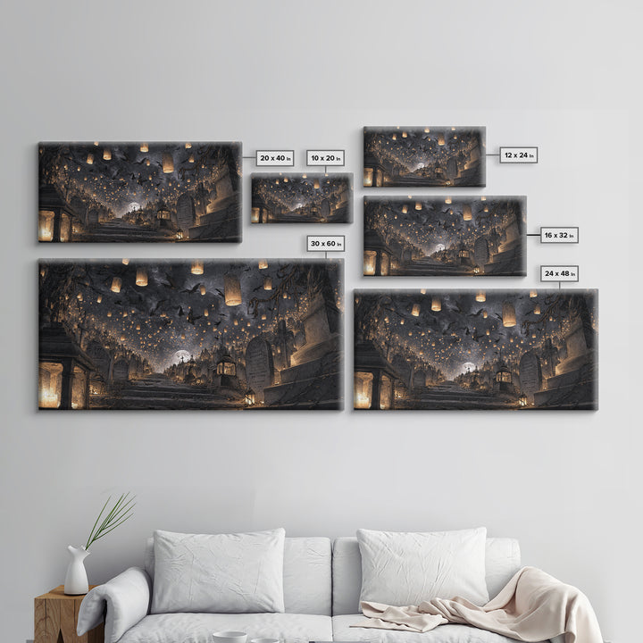 The Cemetery Lantern Festival, Architectural Etching Art, Wide Panoramic Art, Gothic Horror Wall Art, Framed Canvas Print