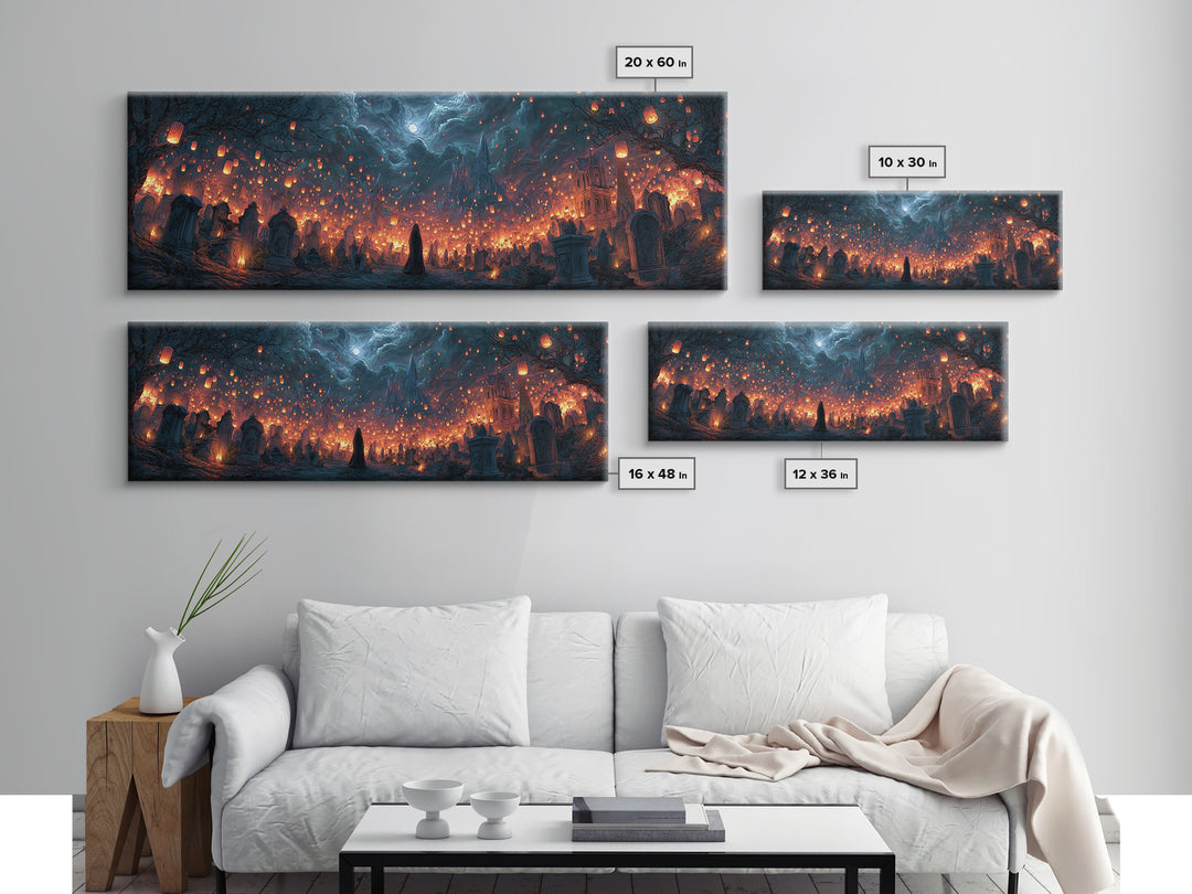 The Cemetery Lantern Festival, Apocalyptic Romantic Art, Extra Wide Wall Art, Dark Fantasy Wall Art, Framed Canvas Print, Halloween Wall Art