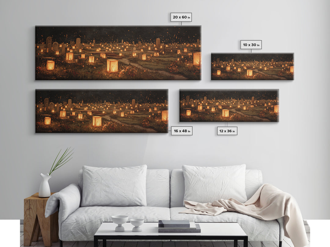 The Cemetery Lantern Festival, Symbolist Dream Art, Extra Wide Wall Art, Dark Fantasy Wall Art, Framed Canvas Print, Halloween Decor