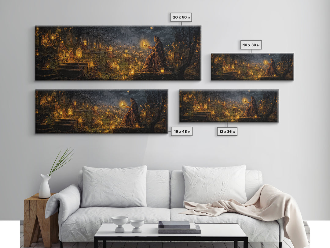The Cemetery Lantern Festival, Ornate Symbolist Art, Extra Wide Wall Art, Macabre Wall Art, Canvas Print, Halloween Wall Art