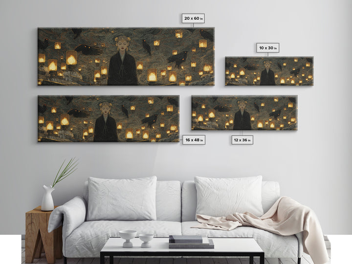 The Cemetery Lantern Festival, Dark Symbolist Art, Extra Wide Wall Art, Macabre Wall Art, Canvas Print, Halloween Wall Art