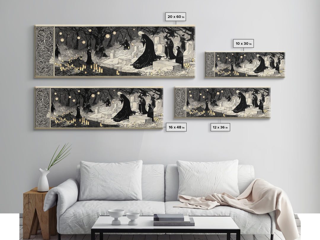 The Cemetery Lantern Festival, Decadent Line Art, Extra Wide Wall Art, Macabre Wall Art, Framed Canvas Print, Halloween Wall Art