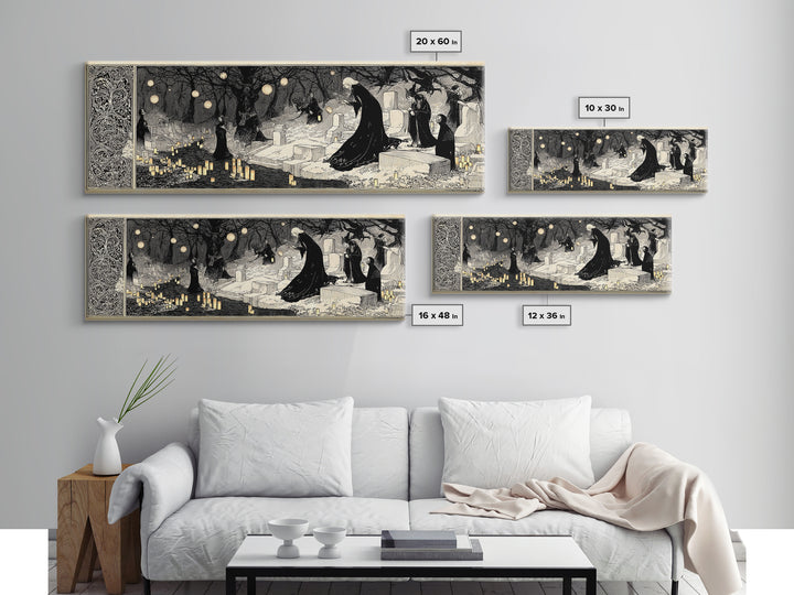 The Cemetery Lantern Festival, Decadent Line Art, Extra Wide Wall Art, Macabre Wall Art, Framed Canvas Print, Halloween Wall Art