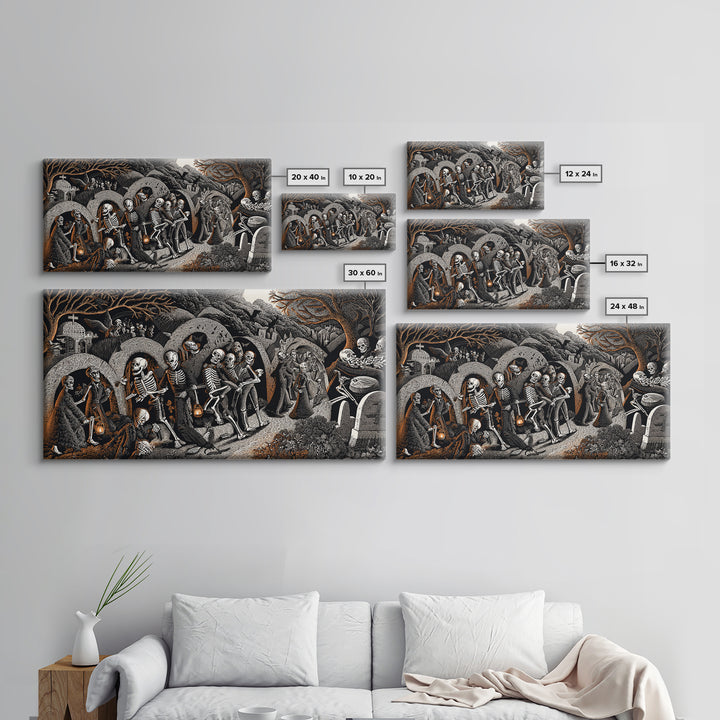 The Cemetery Lantern Festival, Macabre Folk Print Art, Wide Panoramic Art, Dark Halloween Decor, Framed Canvas Print